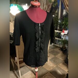 Chic Black Ruffle Zip Women's Blouse